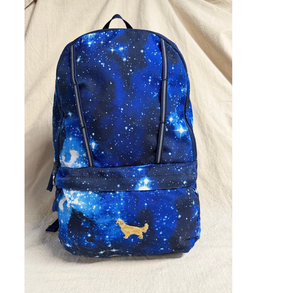 Lands’ End XL Kids ClassMate XL Backpack Navy Mystery Galaxy Gold Dog embroidery